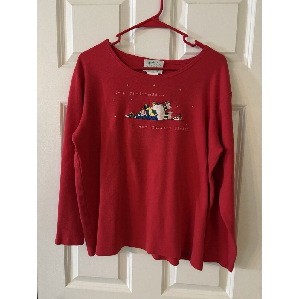 Quacker factory Winter Red Shirt Large Snowman Eat dessert First Holiday EUC